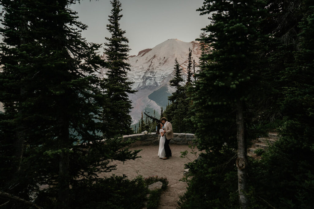 The couple having their first dance after their Mt Rainier elopement. 