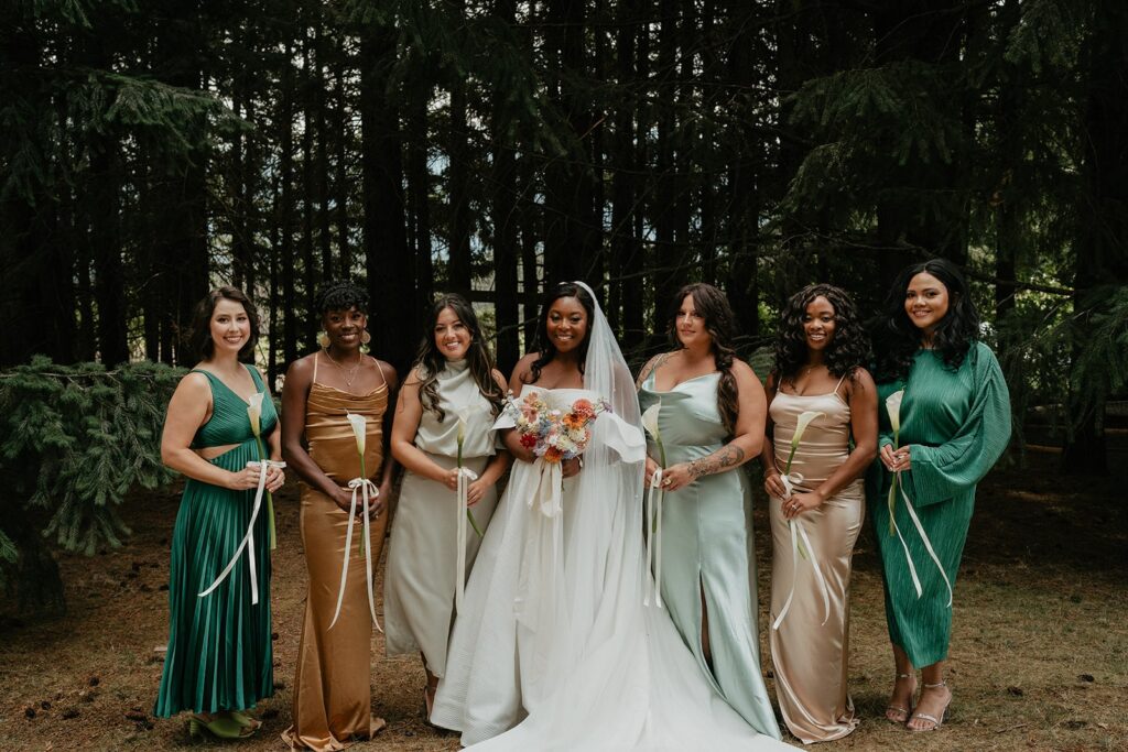 Bride and bridesmaids portraits in the forest at Gorge Crest Vineyards