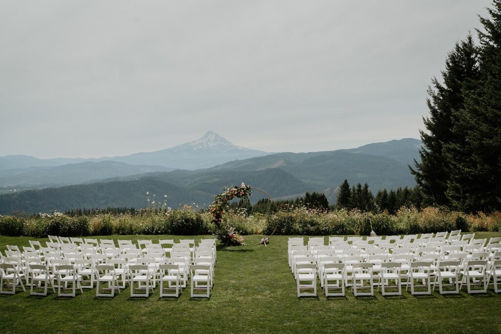 Gorge Crest Vineyards wedding ceremony setting overlooking Mt Hood
