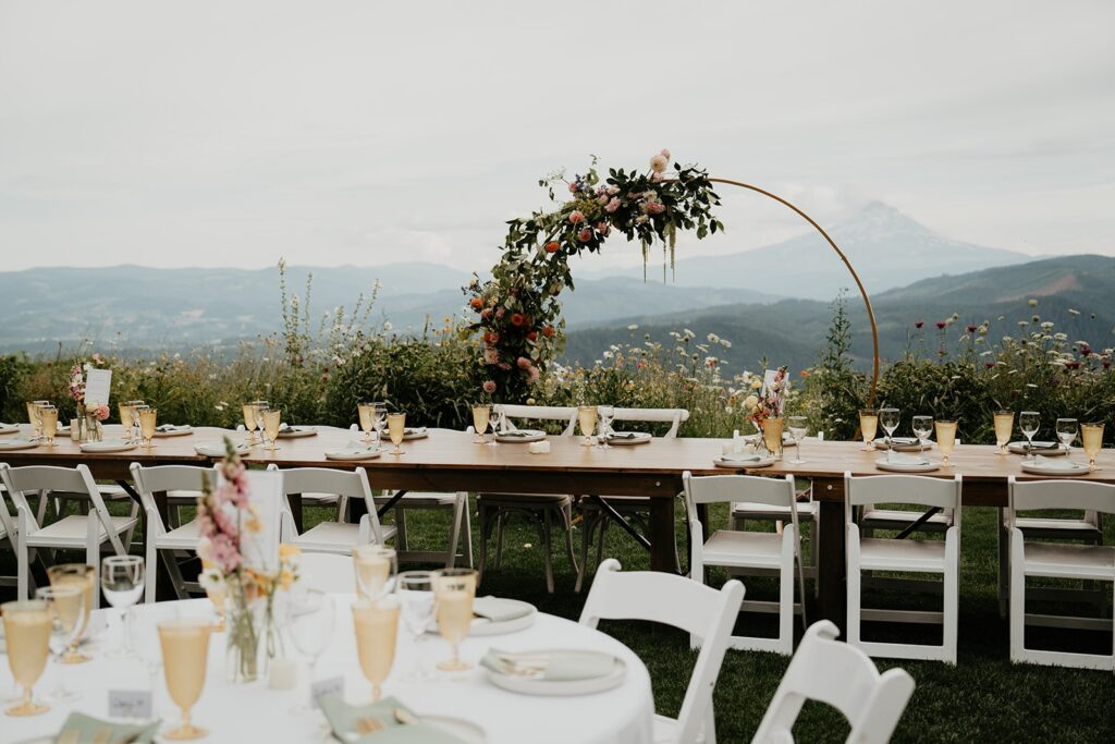 Reception tables and decorations at Gorge Crest Vineyards wedding