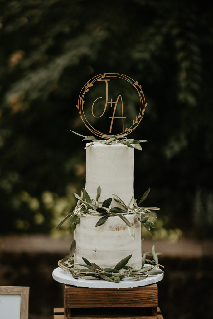 The wedding cake with the newlywed's initials on top. 