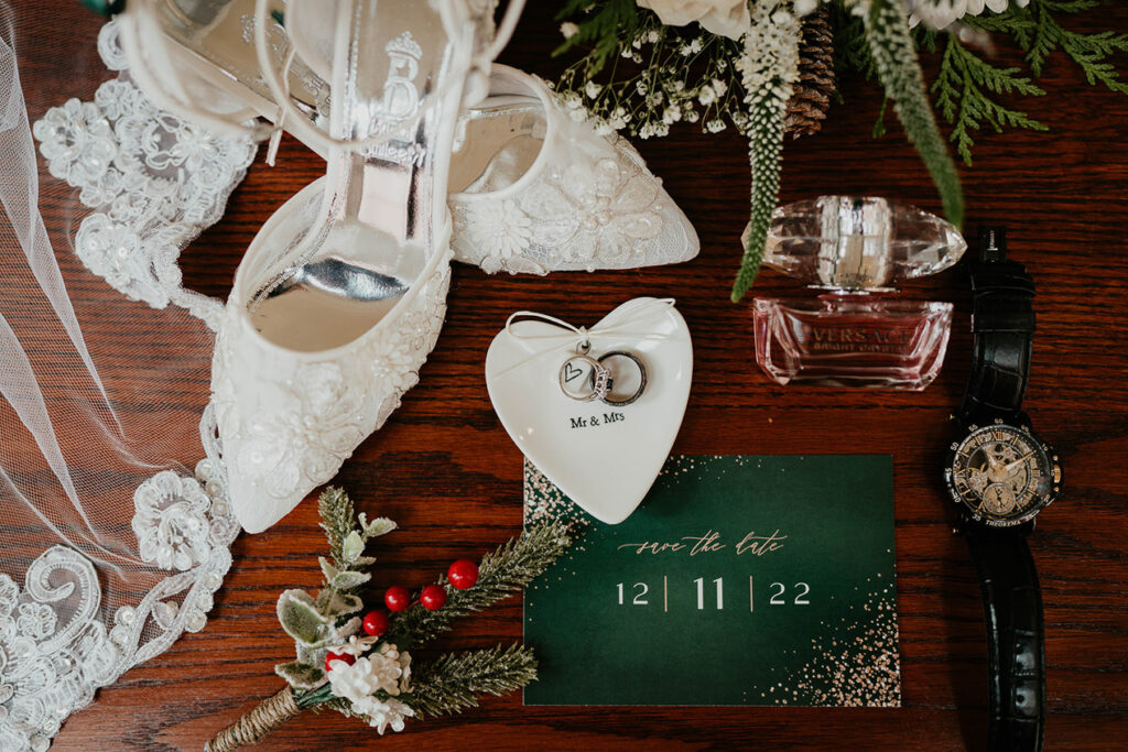 Wedding day details, including heels, rings, and watches. 