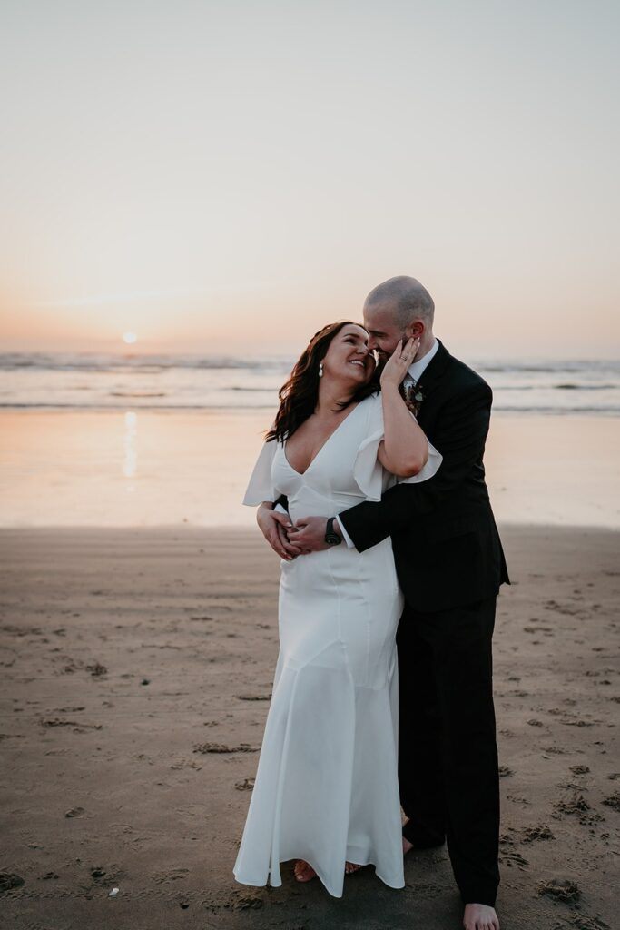 Bride and groom couple photos at Cannon Beach during their elopement in Oregon