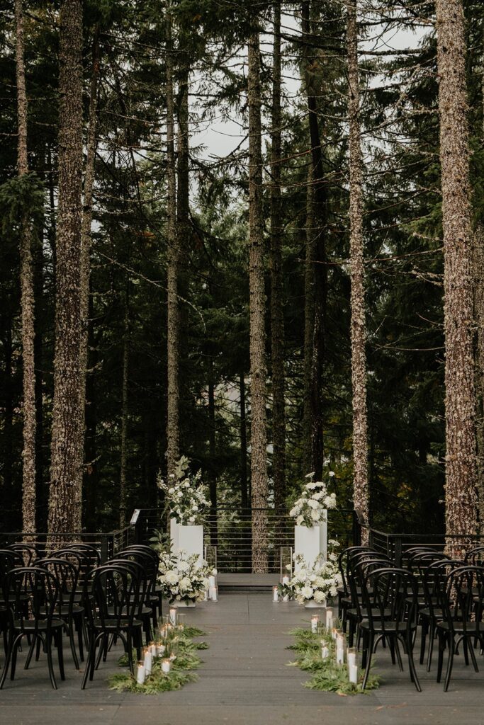 Black and white wedding ceremony setup at Rocky Hill Events in Oregon