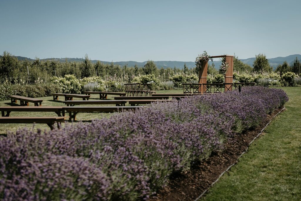 Outdoor wedding ceremony setup at The Orchard Hood River wedding venue