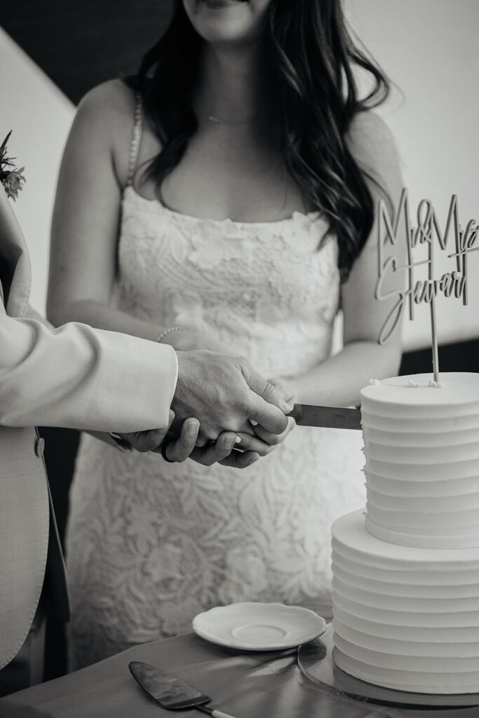 newlyweds cutting their wedding cake. 