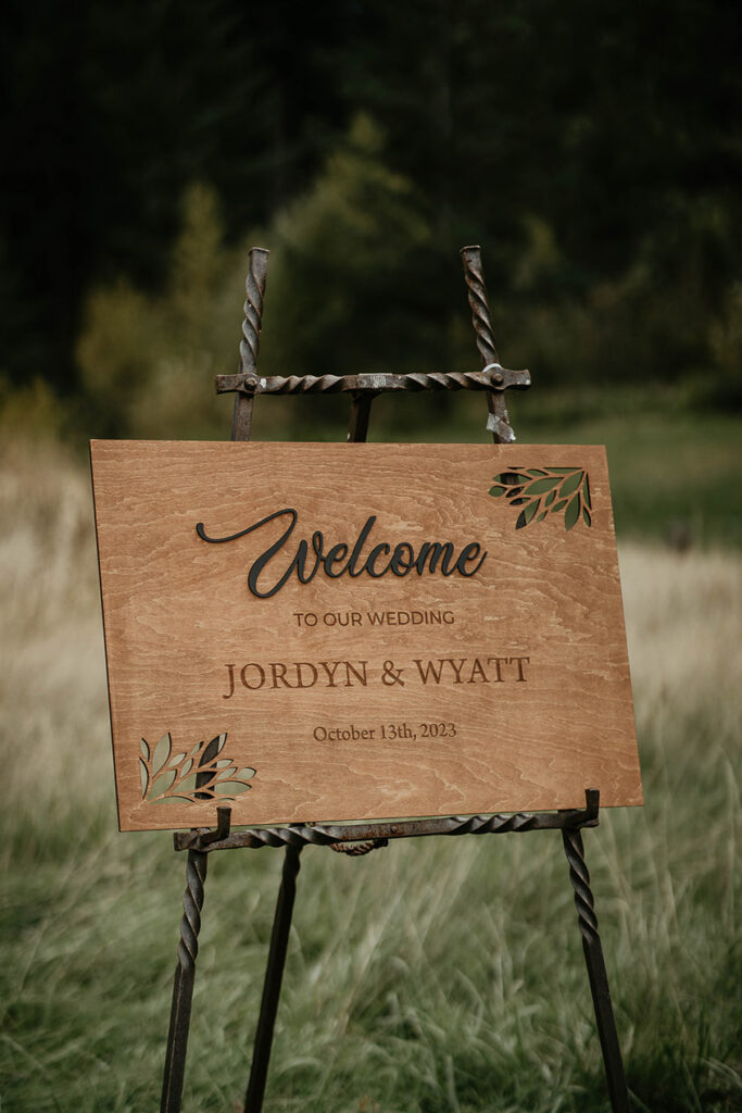 the wedding sign welcoming guests to the bride and groom's wedding. 