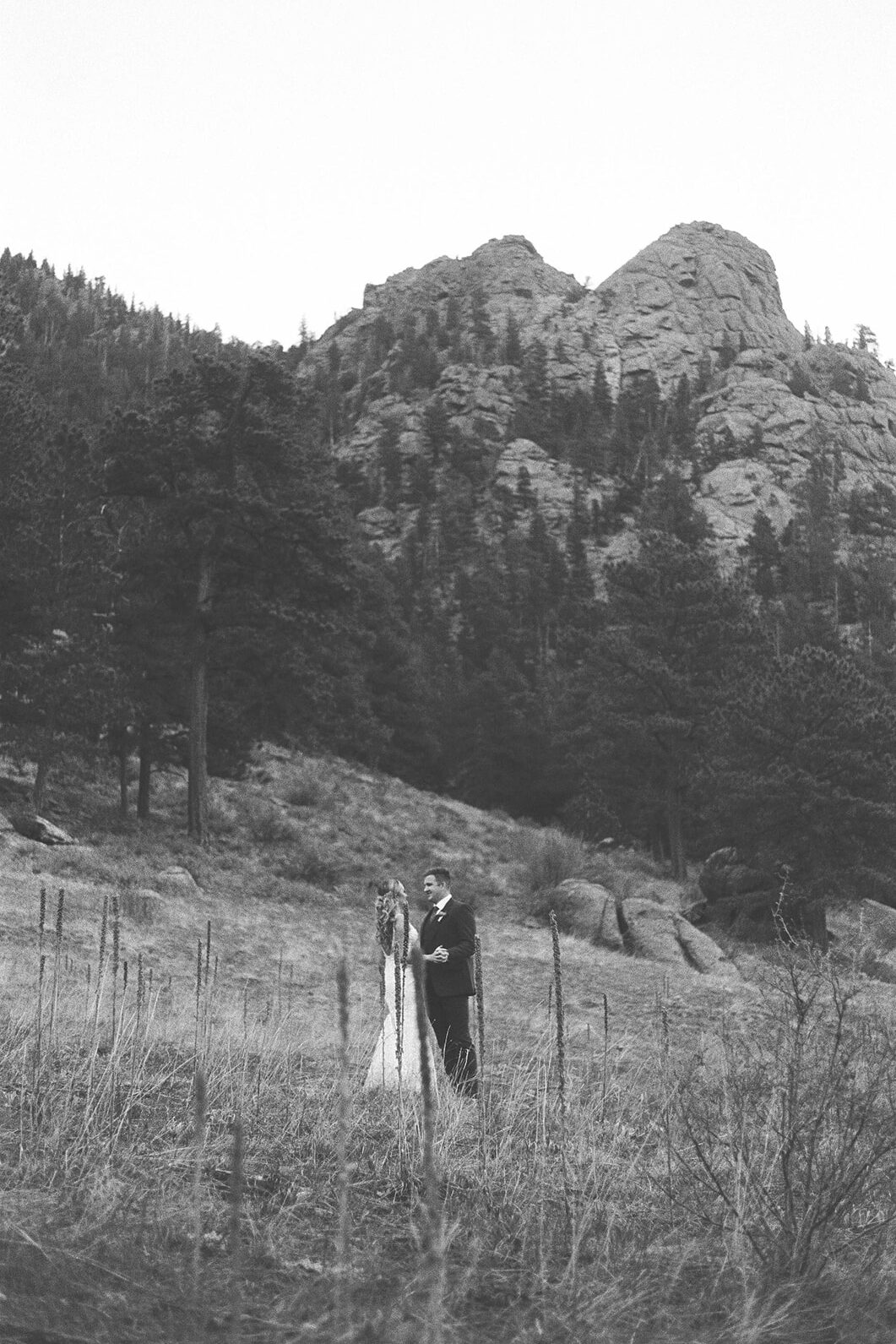 Bride and groom stand in a field with mountains rising up in the background for their film wedding photos