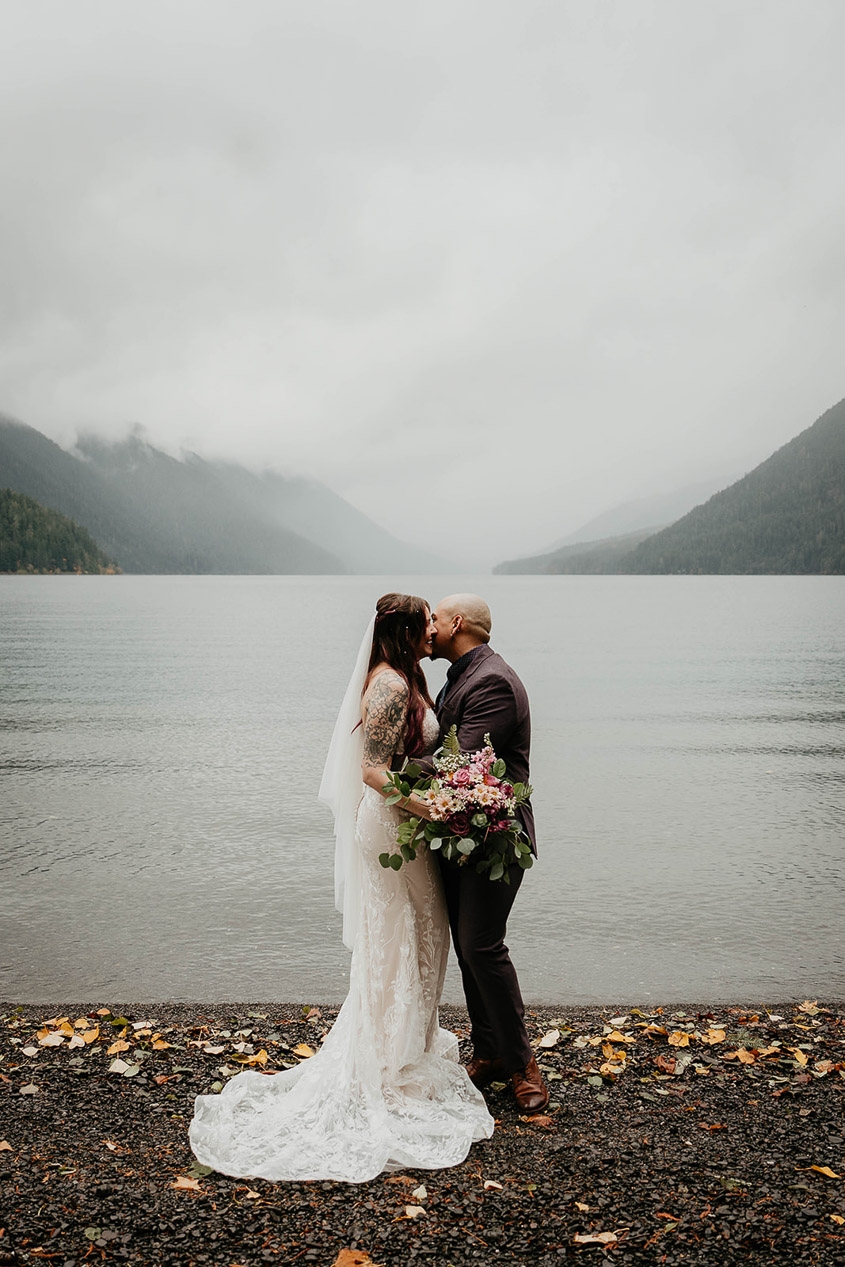 The bride and groom kissing during their Lake Crescent elopement. 