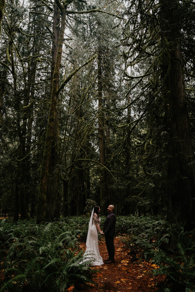 The bride and groom standing in a forest. 