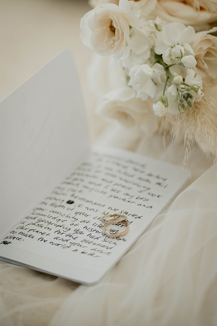 Wedding vows, rings, and flowers. 