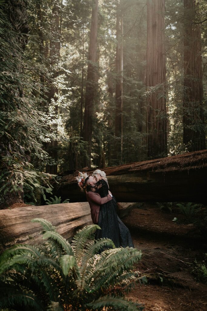 Bride and groom kiss in front of a redwood tree during their forest elopement on the Oregon Coast