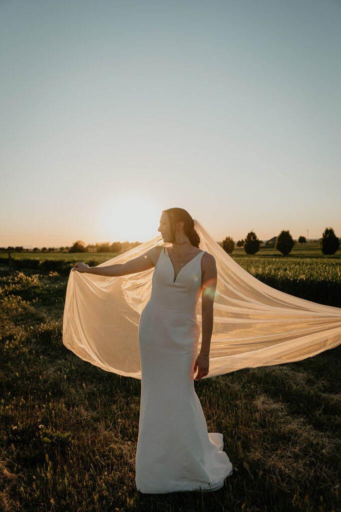 the bride showing off her veil at sunset at Dusted Valley. 