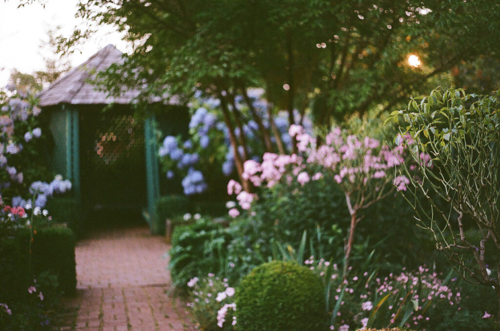 flowers and trimmed hedges at Deepwood Museum and Gardens. 