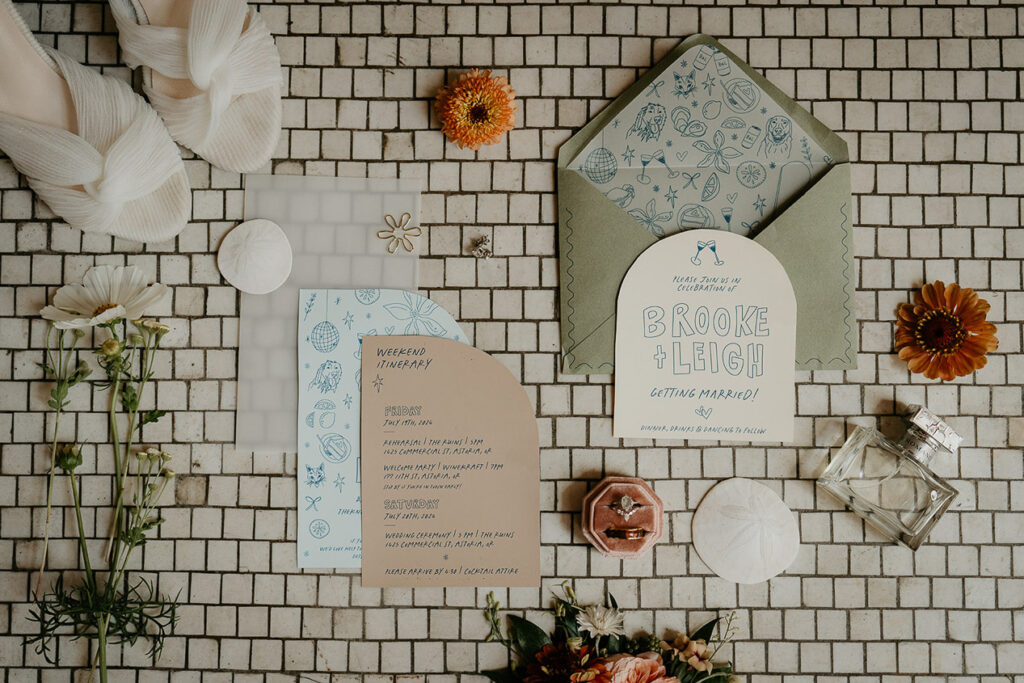 A flat lay of a wedding invite, sea shell, flowers, shoes, wedding rings, and perfume. 